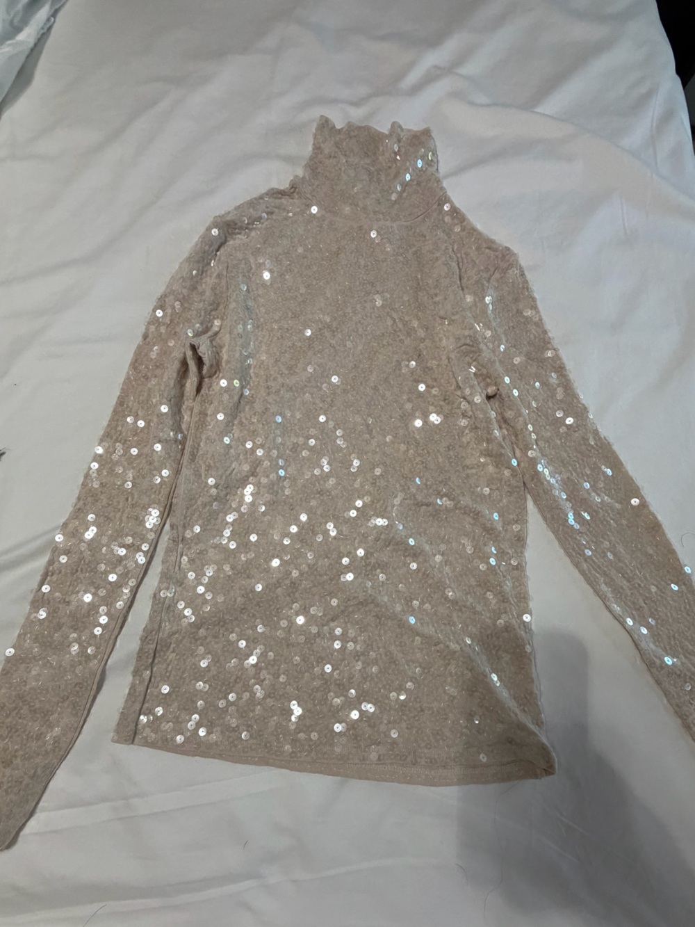 Express Blush/Cream Sequin Mock Neck Long Sleeve Top